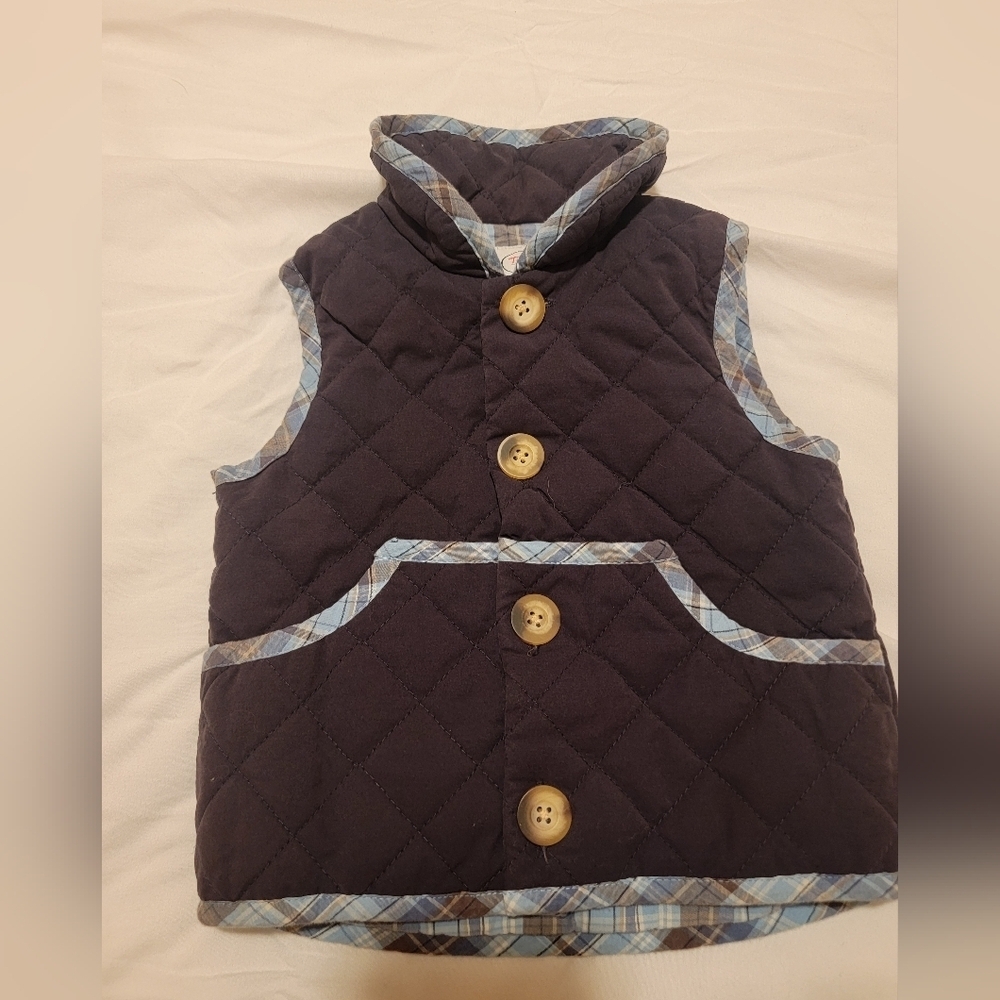Talbots Vest Infant Size 12months Quilted Navy Button Down Plaid accents Preppy